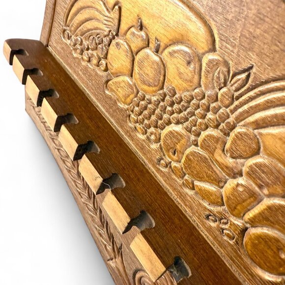 Vintage Carved Wooden Spoon Rack – Cornucopia Fruit & Wheat Sheaf - Farmhouse - Picture 3 of 6